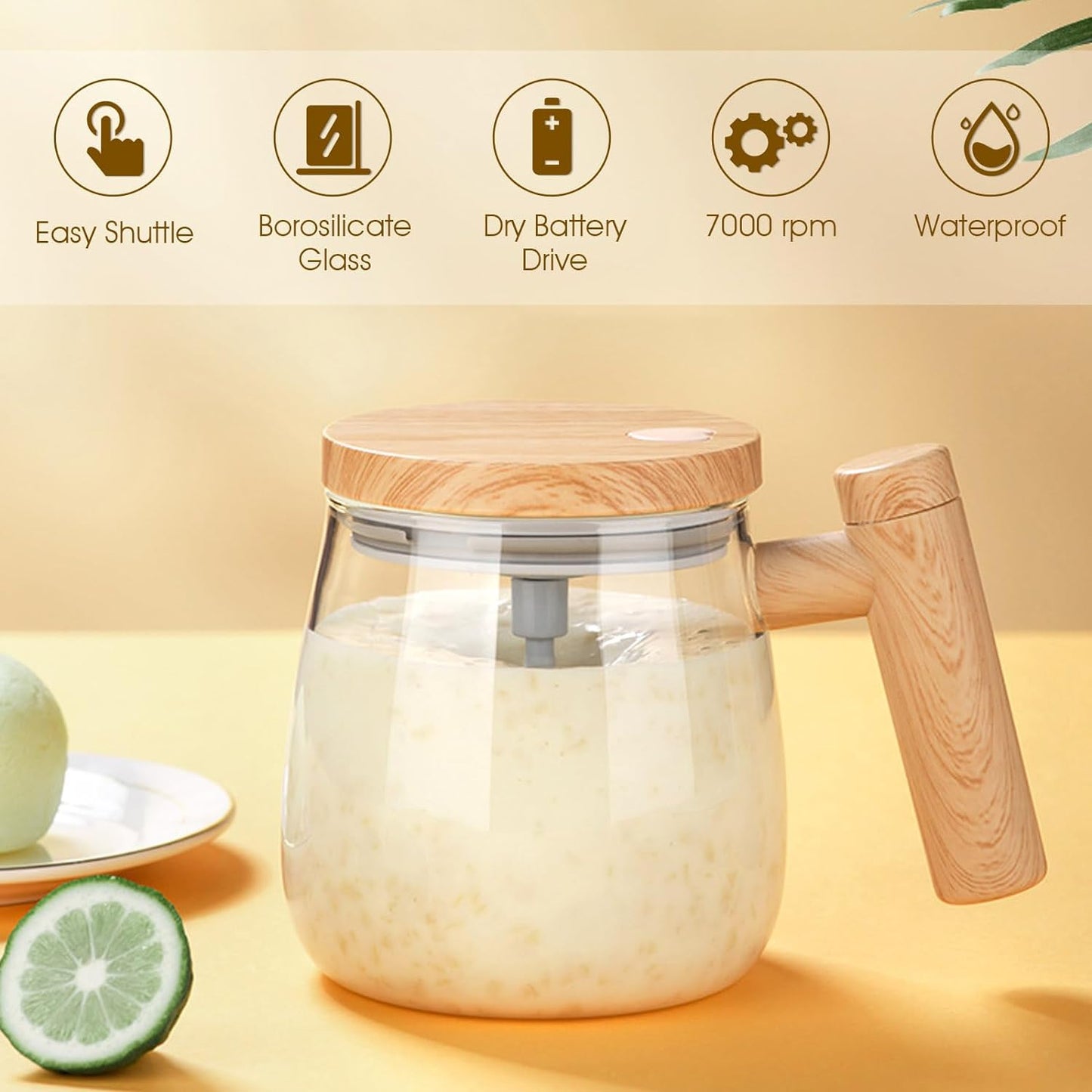 Sutowe Tasse À Mélange Automatique Avec Couvercle, 400 Ml, Tasse À Mélanger Électrique Avec Couvercle Et Poignée, Tasse À Café Rotative À 7 000 Tr/Min, Tasse À Mélange Automatique En Verre