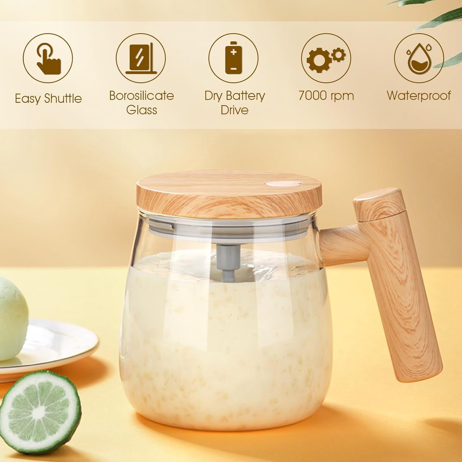 Sutowe Tasse À Mélange Automatique Avec Couvercle, 400 Ml, Tasse À Mélanger Électrique Avec Couvercle Et Poignée, Tasse À Café Rotative À 7 000 Tr/Min, Tasse À Mélange Automatique En Verre